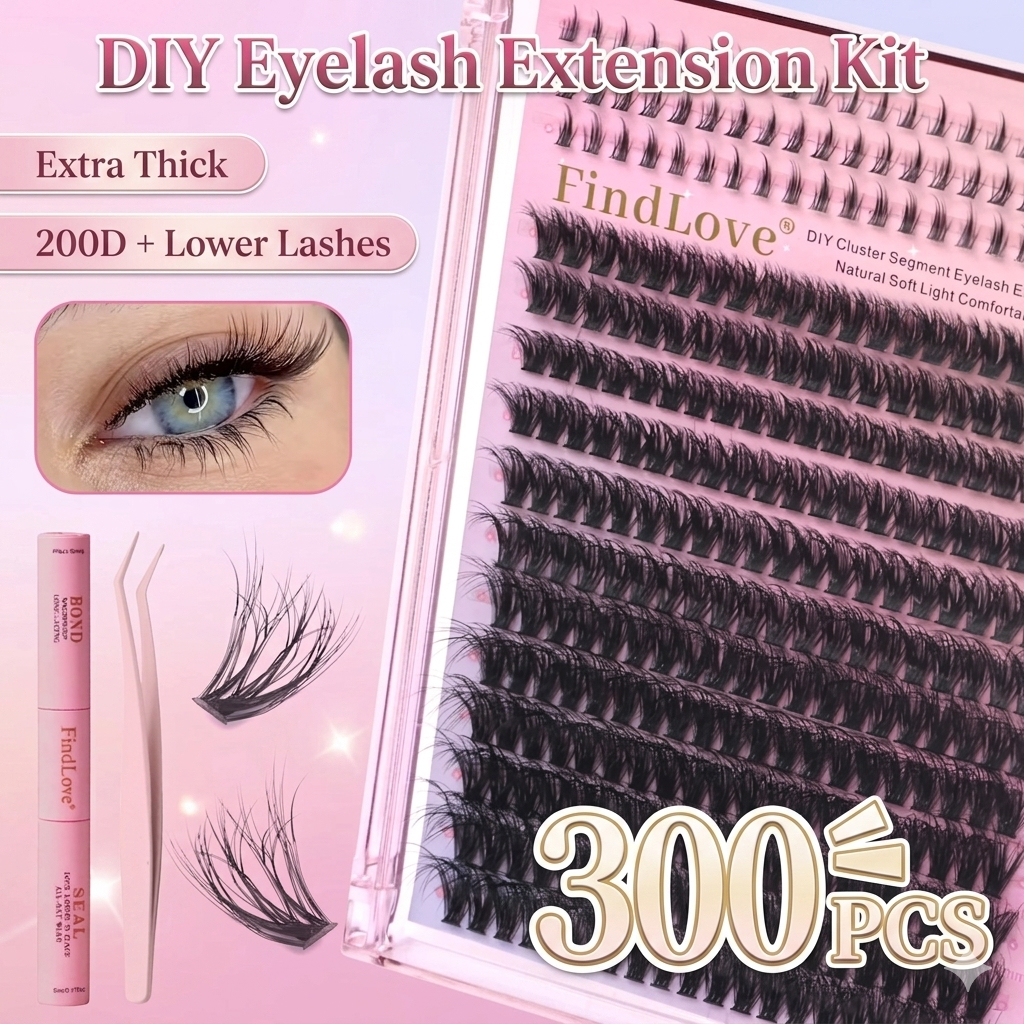 DIY Cluster Eyelashes Kit, 300 PCS 200D Extra Thick Mixed Length(10-20mm) False Eyelashes with Lower Lashes