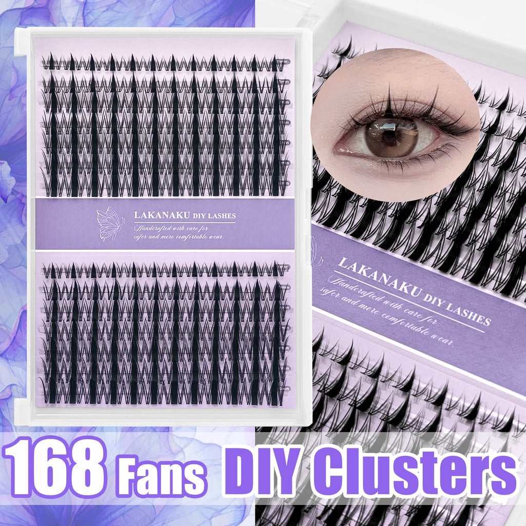 LAKANAKU 168 Fans Diy Cluster Lashes Cat Eye Lashes Invisible Band Premium Mink Manga Lash Clusters