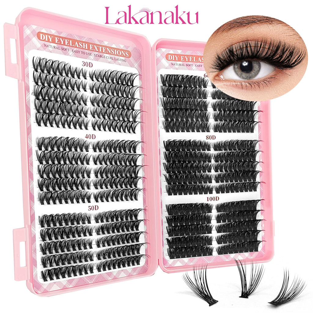 LAKANAKU 168 Fans Diy Cluster Lashes Cat Eye Lashes Invisible Band Premium Mink Manga Lash Clusters