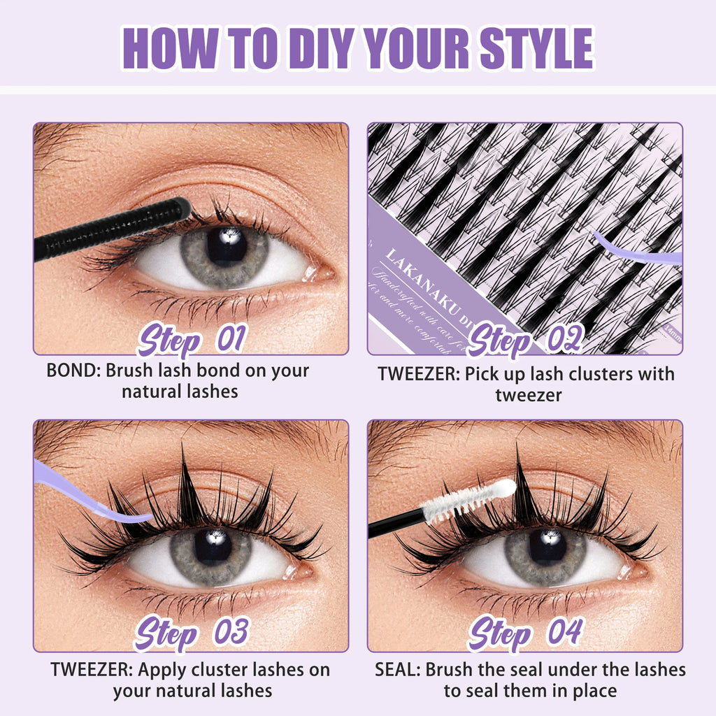 LAKANAKU 168 Fans Diy Cluster Lashes Cat Eye Lashes Invisible Band Premium Mink Manga Lash Clusters