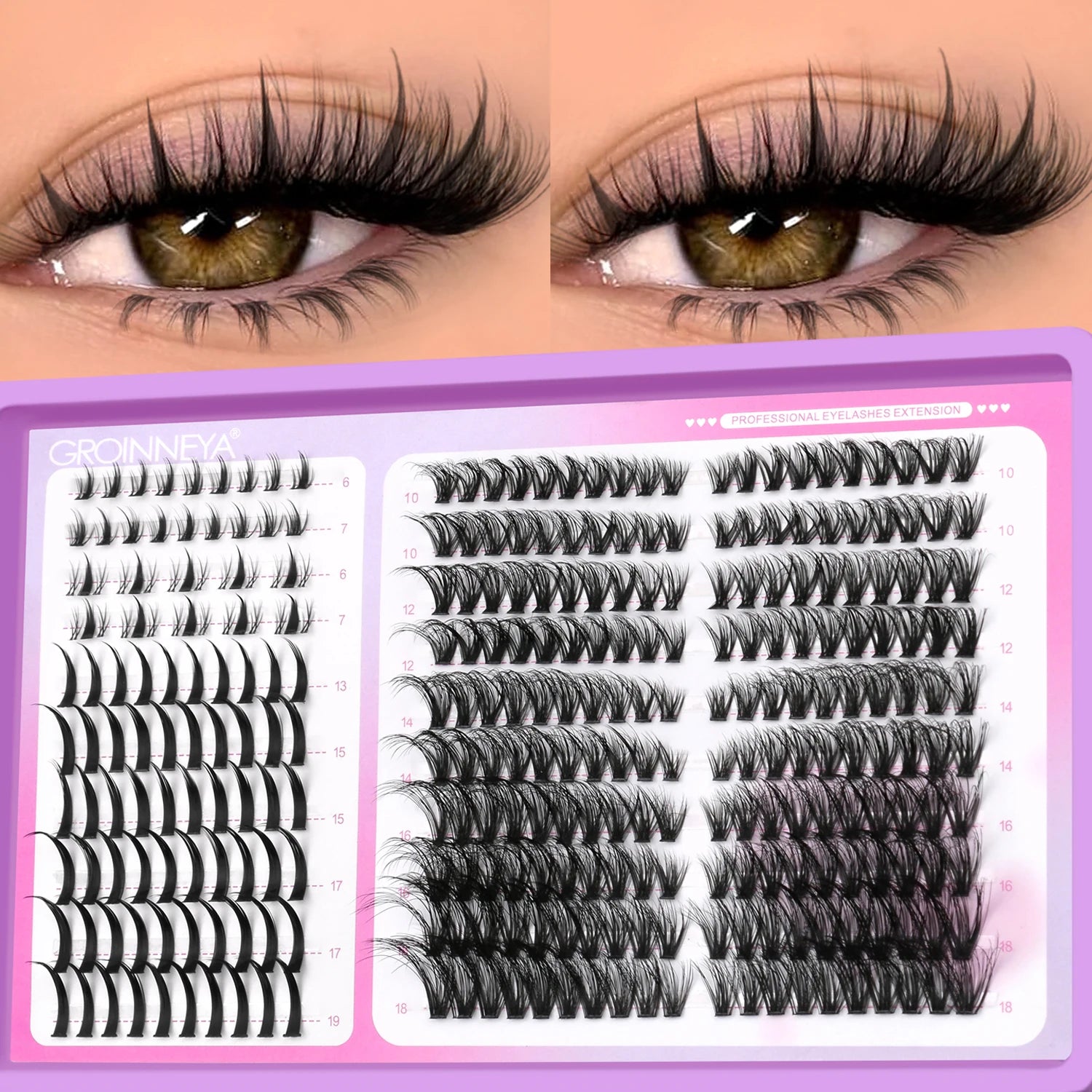 GROINNEYA Lashes Clusters Mixed Tray Volume Fluffy Clusters Lashes Wispy Individual Lashes Extensions DIY Eyelashes Makeup