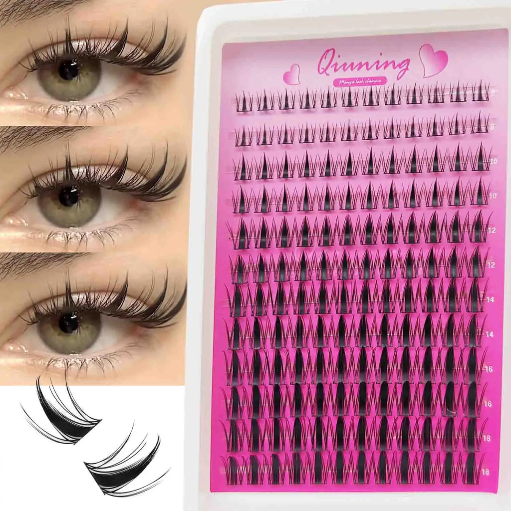 QIUNING Lash Clusters Manga Lash Clusters Kit Clear Fairy Eyelash Clusters Wet-Look Spiky Anime Lashes Individual Lashes BOND