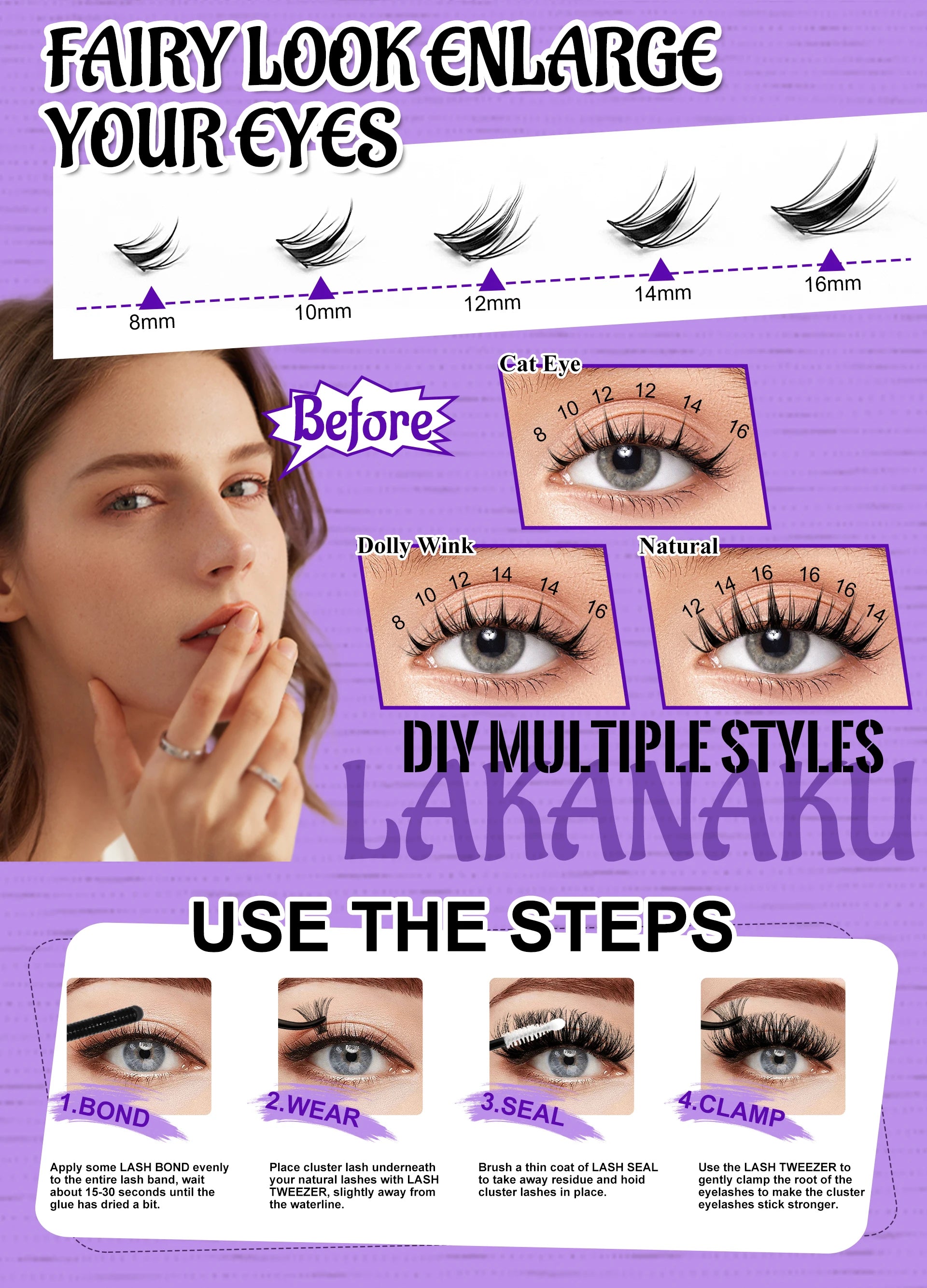 LAKANAKU 168 Fans Diy Cluster Lashes Cat Eye Lashes Invisible Band Premium Mink Manga Lash Clusters
