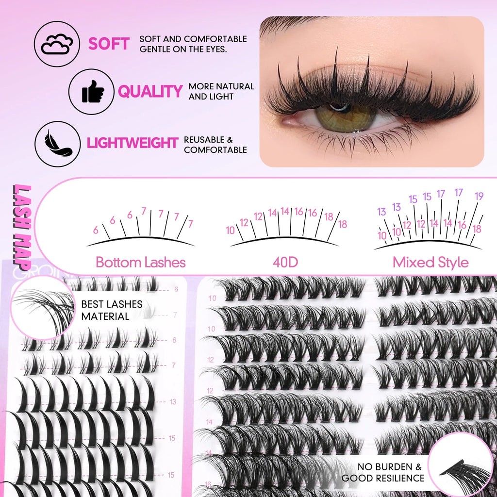 GROINNEYA Lashes Clusters Mixed Tray Volume Fluffy Clusters Lashes Wispy Individual Lashes Extensions DIY Eyelashes Makeup