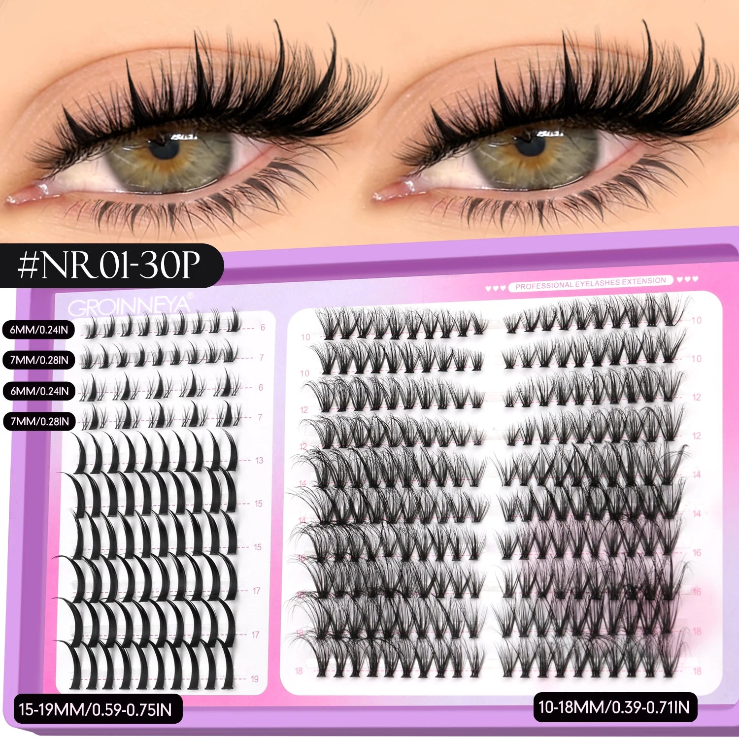 GROINNEYA Lashes Clusters Mixed Tray Volume Fluffy Clusters Lashes Wispy Individual Lashes Extensions DIY Eyelashes Makeup
